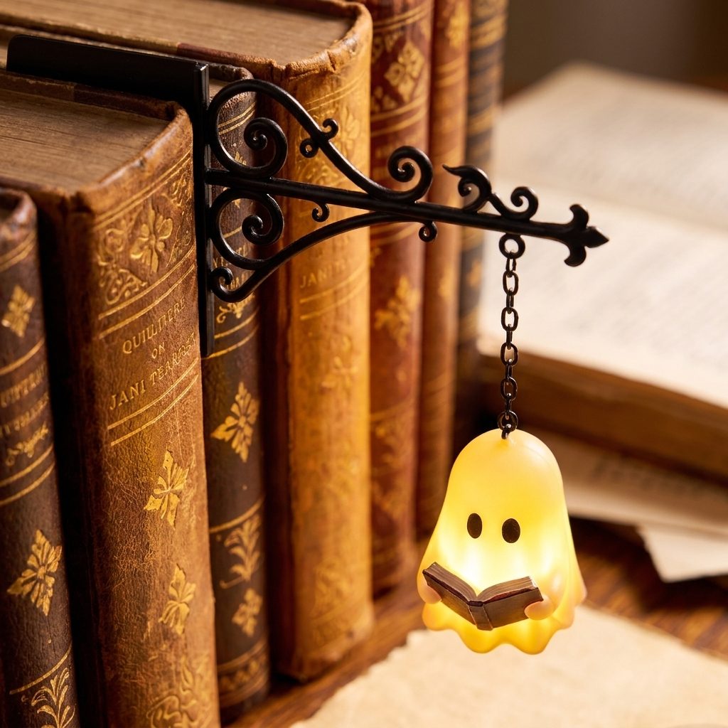 Détail du bras noir ouvragé qui sort d'entre deux livres, avec le fantôme lumineux suspendu à sa chaînette
