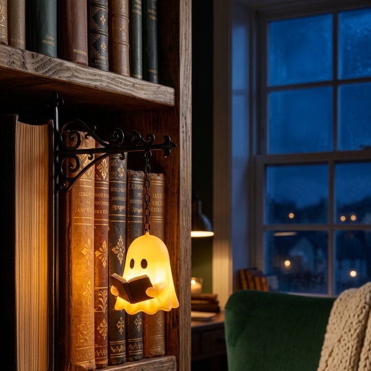 Un salon le soir : la veilleuse BookGlow éclaire l'étagère près d'un fauteuil de lecture