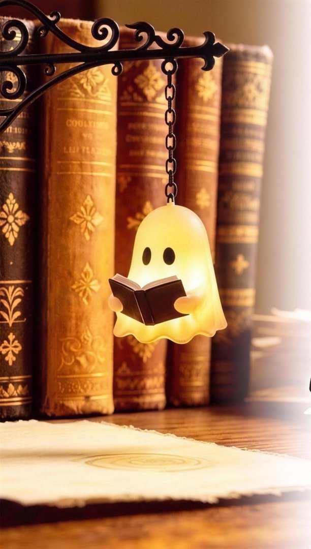 La veilleuse BookGlow : un petit fantôme lumineux qui lit, suspendu à son bras en métal entre les livres, fixation invisible